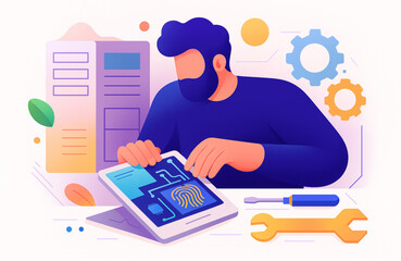 Illustrated technical support worker repairing a digital tablet with tools for software installation and mobile device security analysis in a modern design.