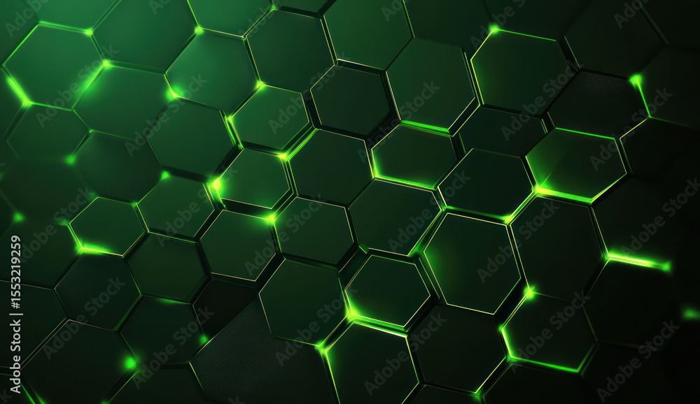Poster green hexagonal geometric pattern with glowing lines.