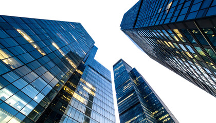 Naklejka premium Nighttime Low-Angle Perspective of Contemporary Glass Towers Against a White Background 