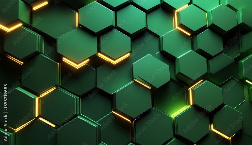 Poster abstract geometric pattern of interlocking hexagons in dark green with glowing accents.
