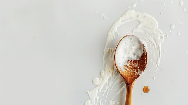 A wooden spoon dipped in creamy yogurt, standing isolated on a spotless white background. This image is a great fit for food - related projects, such as dairy product promotions, healthy eating guides