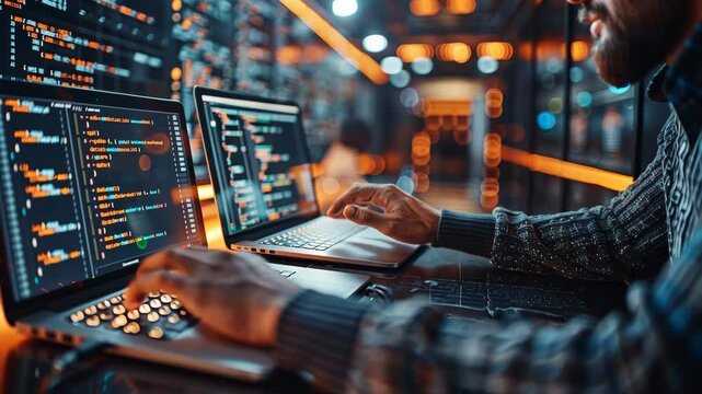 A focused programmer updating firmware on a sleek laptop, surrounded by glowing screens filled with code, ambient light casting a techy atmosphere, intricate details of fingers on the keyboard, high d