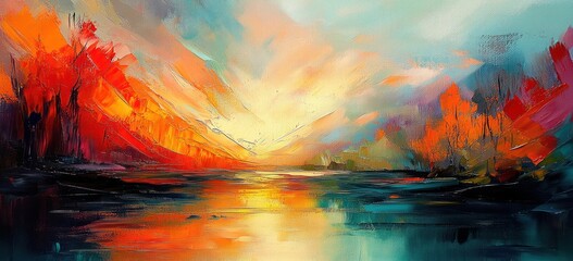 Vibrant abstract landscape painting featuring a glowing sunset sky over a reflective water body surrounded by fiery red and orange trees with dark contrasting shadows