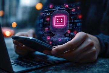 Person holding smartphone with holographic digital interface displaying artificial intelligence and technology icons in a dark setting