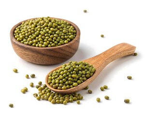 Whole green mung beans in a wooden bowl and spoon on a white background