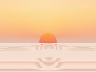 Abstract sunset illustration with orange sun and horizon lines on a gradient background design