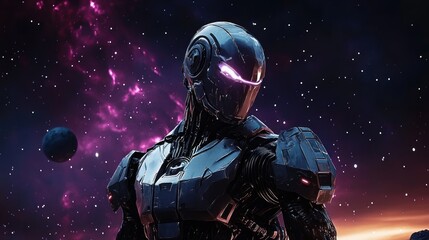Naklejka premium futuristic robot standing in outer space with glowing purple eyes and dark metallic armor against a starry nebula background showing advanced technology and strength