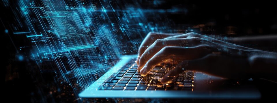 Close-up of human hands typing on a laptop keyboard with glowing digital blue and orange data streams representing cybersecurity or data processing - Powered by Adobe