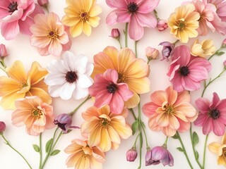 A delicate arrangement of pastel colored flowers with green stems on a white background surface