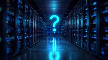 Obraz premium Futuristic data center corridor with glowing blue server racks on both sides and a large illuminated question mark hovering in the middle, evoking mystery and inquiry