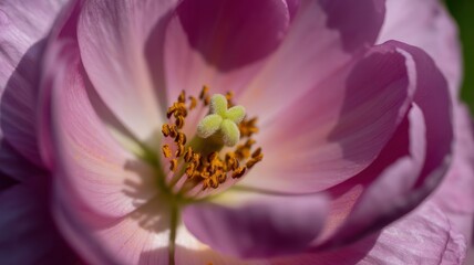 Obraz premium Close-up of pink flower with delicate petals and yellow center in bloom