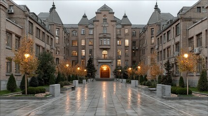 Fototapeta premium Majestic Facade: An impressive building, designed with symmetry, offers a stunning scene of architectural grandeur. The symmetrical design of the building creates a sense of harmony and balance.