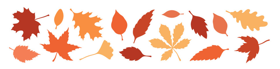 Set of autumn multicolored colorful leaf silhouettes.