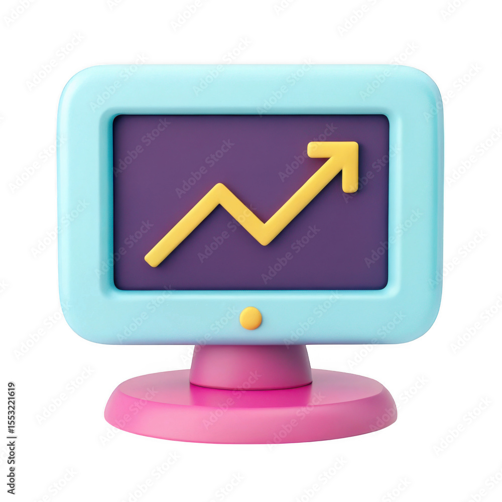 Poster 3d cartoon monitor with upward trend graph isolated on transparent background