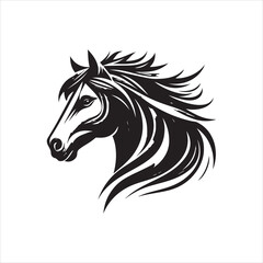 Naklejka premium A stylized black and white illustration of a horse's head with flowing mane.