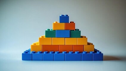 Naklejka premium Colorful triangular pyramid structure made of interlocking plastic building blocks on a plain surface with soft lighting