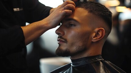 Close-up of a man receiving a stylish haircut with a comb in a modern barbershop, showing calm and focused expression