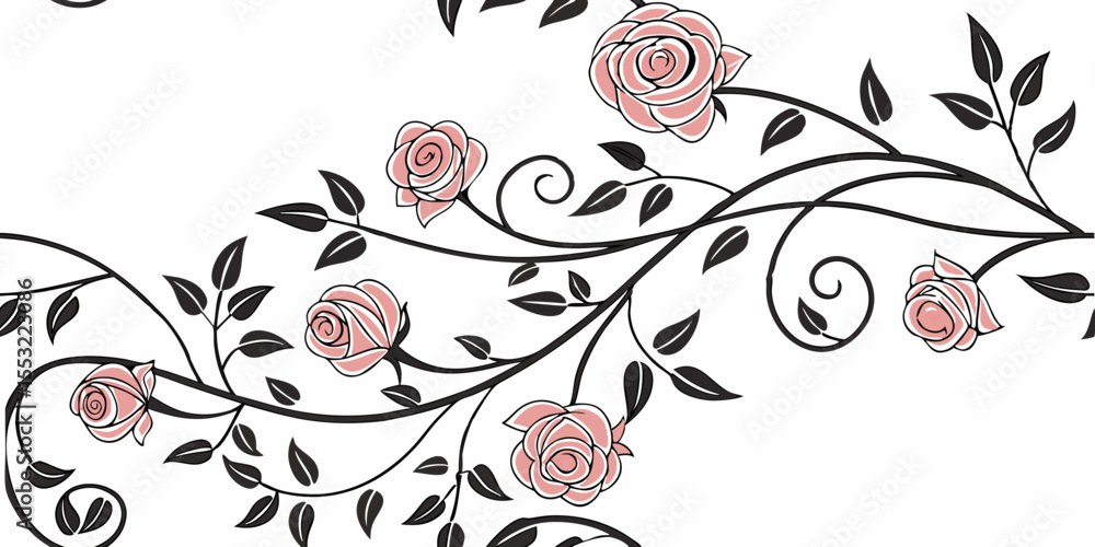 Poster delicate roses and flowing vines in a horizontal seamless vector pattern