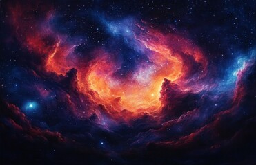 Fototapeta premium Vibrant cosmic nebula with swirling clouds of fiery orange, deep blues, and purples glowing amidst a starry night sky, evoking a sense of wonder and vastness