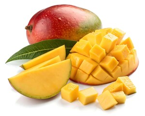 Fresh ripe mango fruit whole sliced cubed and leaf on white background