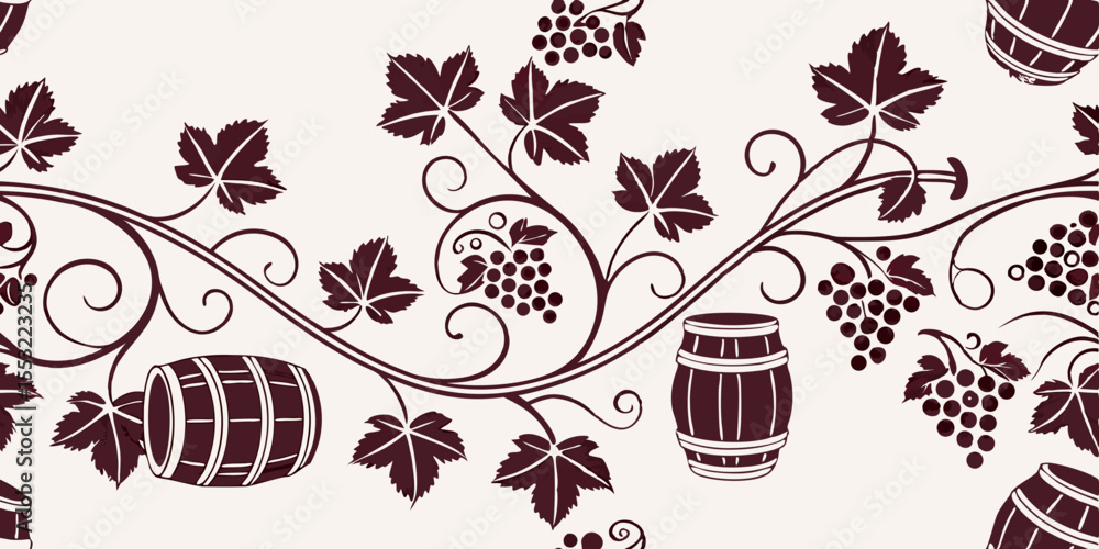 Poster horizontal seamless vector pattern of grapevines and barrels