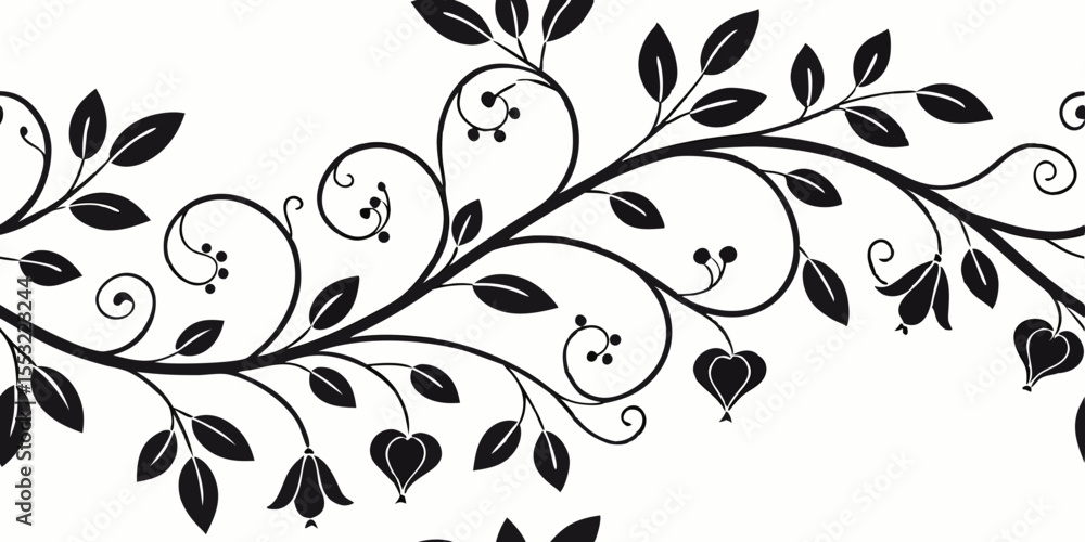 Poster elegant floral border with heart vines in black color horizontal seamless vector pattern