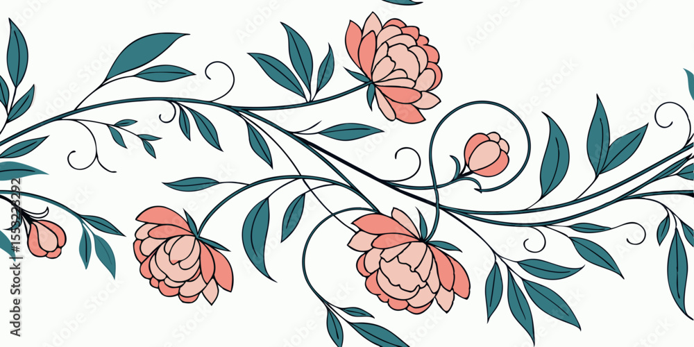 Poster elegant floral border with peonies and leaves in horizontal seamless vector pattern
