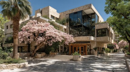 Fototapeta premium Modern Building with Magnolia Tree in Bloom