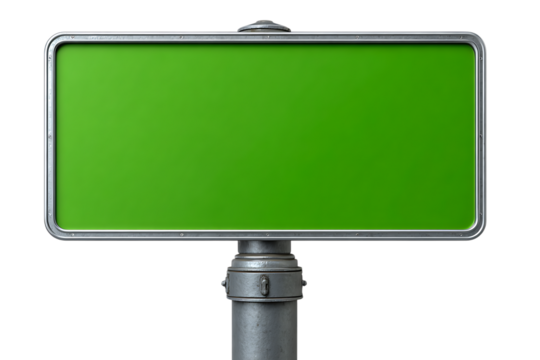 Blank green signboard with metal frame and pole isolated on transparent background