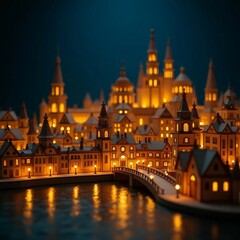 Fototapeta premium Illuminated Miniature European Town at Dusk