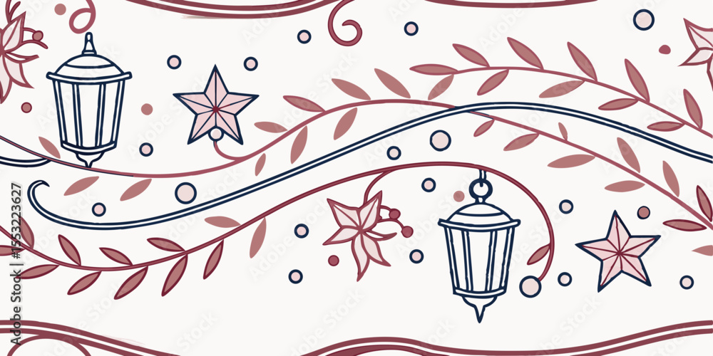 Poster horizontal seamless vector pattern with lanterns and stars design