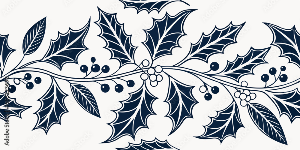 Poster horizontal seamless vector pattern featuring holly and mistletoe design in navy