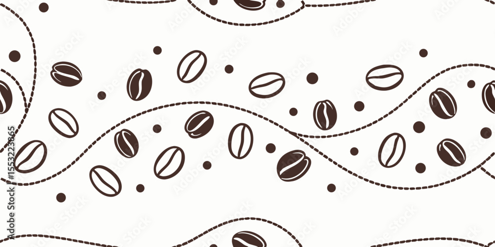 Poster seamless horizontal vector pattern of coffee beans and dots on white background