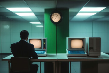 Office worker using computer while sitting at desk with clock on wall and green partition creating focus in room lit by fluorescent lights
