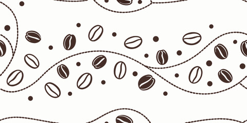 Seamless horizontal vector pattern of coffee beans and dots on white background  