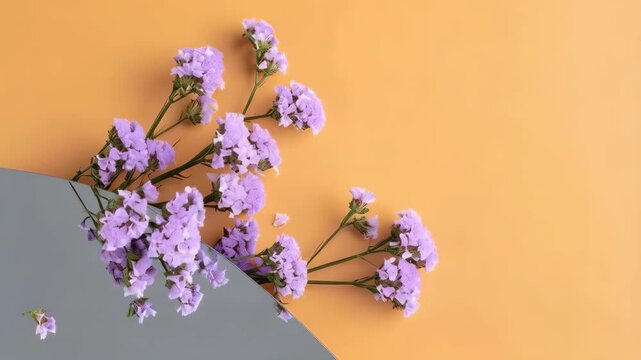 Lavender statice flowers reflected in a gray mirrored surface against a soft orange backdrop forming an elegant floral flat lay.