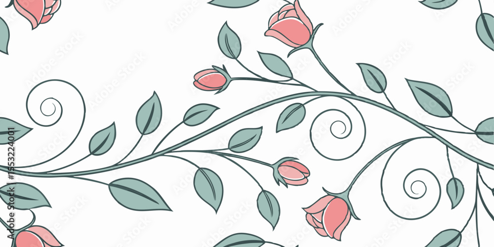 Poster horizontal seamless vector pattern with rosebuds and leaves