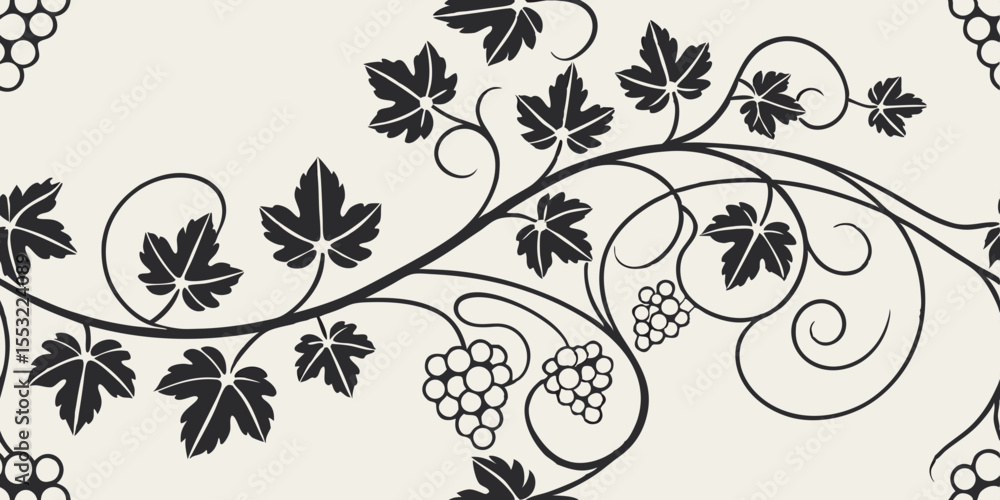 Poster black grapevine horizontal seamless vector pattern with leaves and decorative swirls