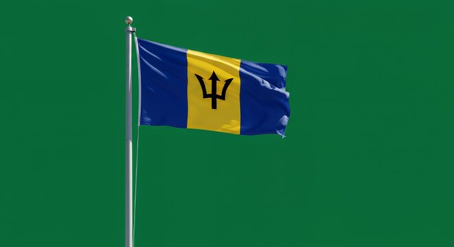 Barbados' National Flag Waves Proudly Against a Vibrant Green Sky