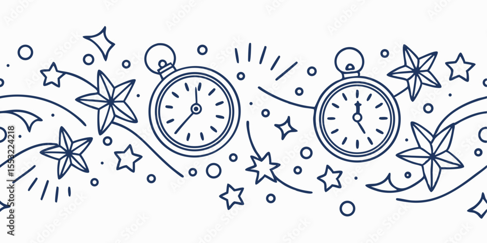Poster horizontal seamless vector pattern featuring clocks and flowers in monochrome style