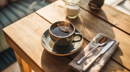 Morning coffee in sunlight on wooden table with fresh cutlery