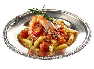 Pasta with tomato sauce and vegetables served as a fresh and healthy meal on a plate, vegetable tomato penne pasta filled a white bowl on wooden background.
