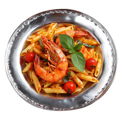 Pasta with tomato sauce and vegetables served as a fresh and healthy meal on a plate, vegetable tomato penne pasta filled a white bowl on wooden background.