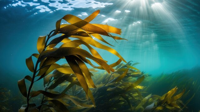 Sunlit kelp forest underwater scene with vibrant marine life