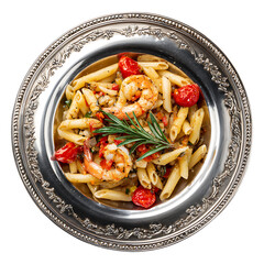 Pasta with tomato sauce and vegetables served as a fresh and healthy meal on a plate, vegetable tomato penne pasta filled a white bowl on wooden background.