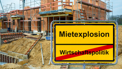 Vor einem Neubaugebiet mit einer Baustelle steht ein Ortsschild mit der Aufschrift Wirtschaftspolitik und Mietexplosion - FOTOMONTAGE