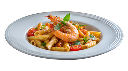 Pasta with tomato sauce and vegetables served as a fresh and healthy meal on a plate, vegetable tomato penne pasta filled a white bowl on wooden background.