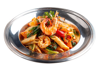 Pasta with tomato sauce and vegetables served as a fresh and healthy meal on a plate, vegetable tomato penne pasta filled a white bowl on wooden background.