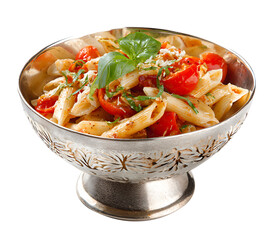 Pasta with tomato sauce and vegetables served as a fresh and healthy meal on a plate, vegetable tomato penne pasta filled a white bowl on wooden background.