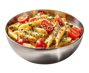 Pasta with tomato sauce and vegetables served as a fresh and healthy meal on a plate, vegetable tomato penne pasta filled a white bowl on wooden background.